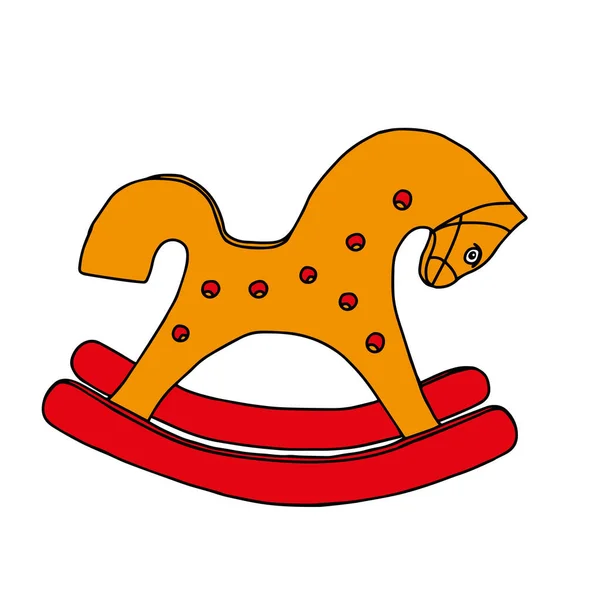 Hermosa ilustración vectorial roja y naranja dibujada a mano de un columpio de caballo de madera aislado sobre un fondo blanco — Vector de stock
