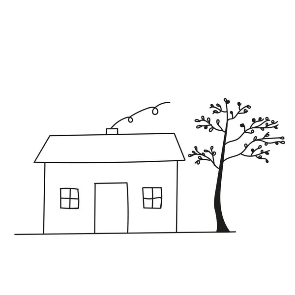 Illustrazione di una casa con un albero isolato su uno sfondo bianco per un libro da colorare — Vettoriale Stock