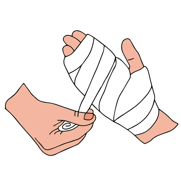 Baleset esetén egy személy elsősegélynyújtásának folyamata. A sérült kéz bekötözése — Stock Vector
