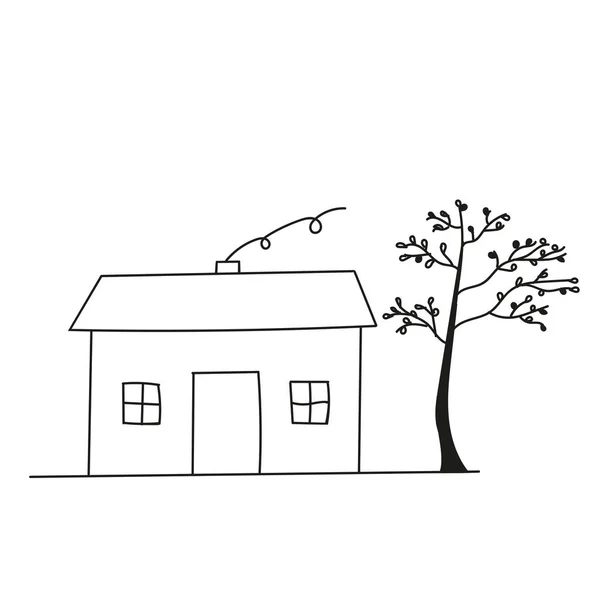 Illustration of a house with a tree isolated on a white background for a coloring book — Stock Vector