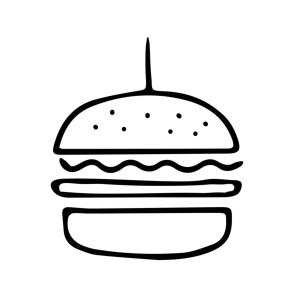 Esquema negro dibujado a mano ilustración vectorial de una hamburguesa aislada sobre un fondo blanco para vacaciones o cena para libro de cocina — Vector de stock