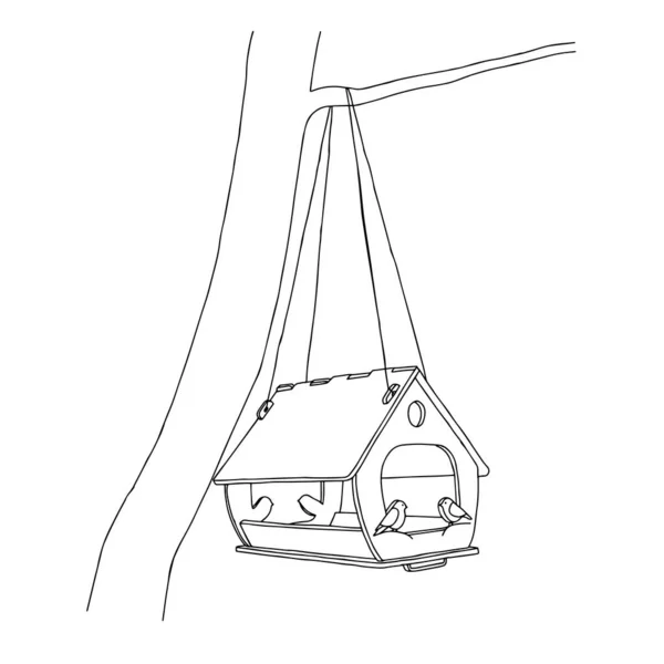 Ein Vogelhaus oder Eichhörnchenhaus für Vögel oder Eichhörnchen aus neuen Brettern hängt an einem Baum isoliert auf weißem Hintergrund — Stockvektor