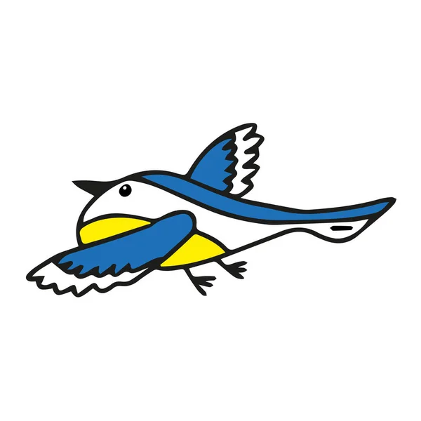 Ручна Чорна Векторна Ілюстрація Одного Синьо Жовтого Птаха Літає Білому — стоковий вектор