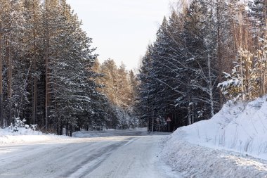 Ormanın ortasında, kışın ıssız bir yol.