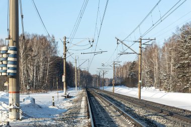 Güneşli kış gününde ormanların arasında yeni demiryolu