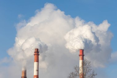 Güneşli bir günde mavi gökyüzüne karşı dumanlı bir kazanın kırmızı ve beyaz bacaları.