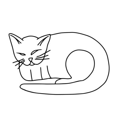 Bir El çizilmiş siyah vektör çizimi güzel bir hayran portresi beyaz arka planda büyük gözleri olan genç bir kedi.