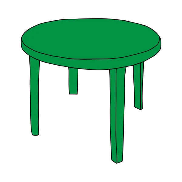 白い背景に切り取られた丸いプラスチックテーブルの緑のベクトルのアウトライン図 — ストックベクタ
