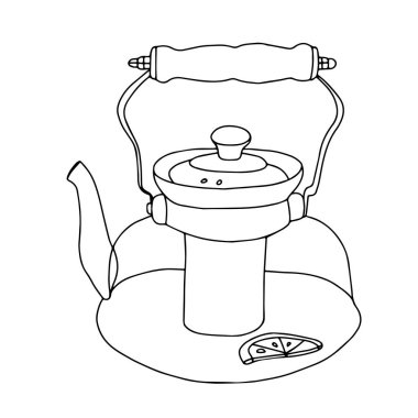 Beyaz arka planda soyut desenli bir kil çaydanlık ve çay için sıcak su çizimi.