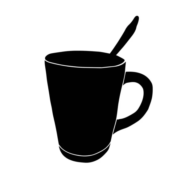 白い背景にスプーンでお茶やコーヒーのためのカップの黒手描きアウトラインベクトルイラスト — ストックベクタ