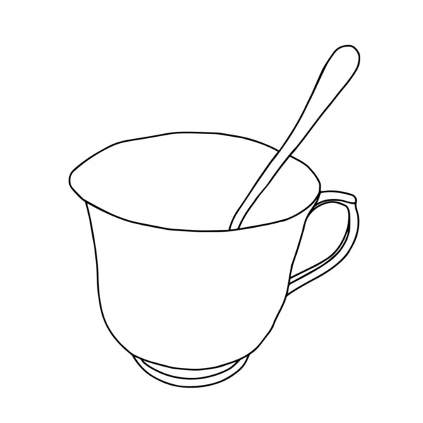 Черная Рука Рисунок Чашки Ложкой Горячий Чай Кофе Изолированы Белом — стоковый вектор