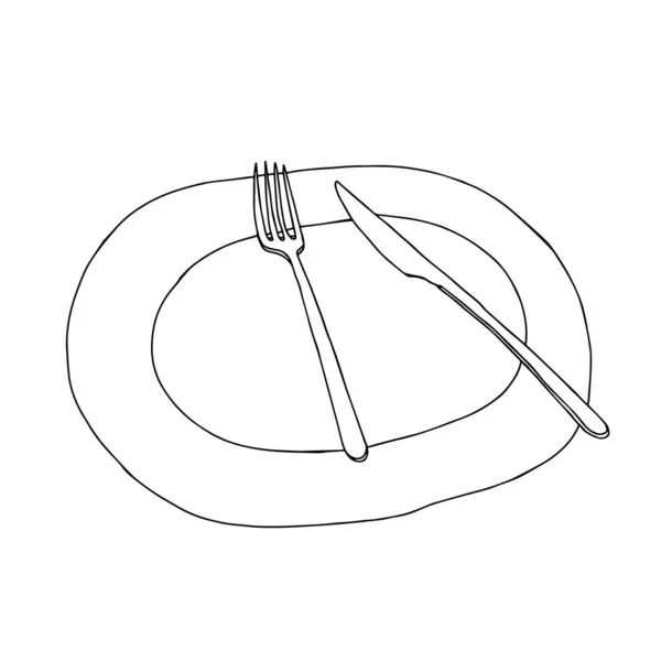白色背景上孤立的餐具集的黑色手绘平面图 — 图库矢量图片