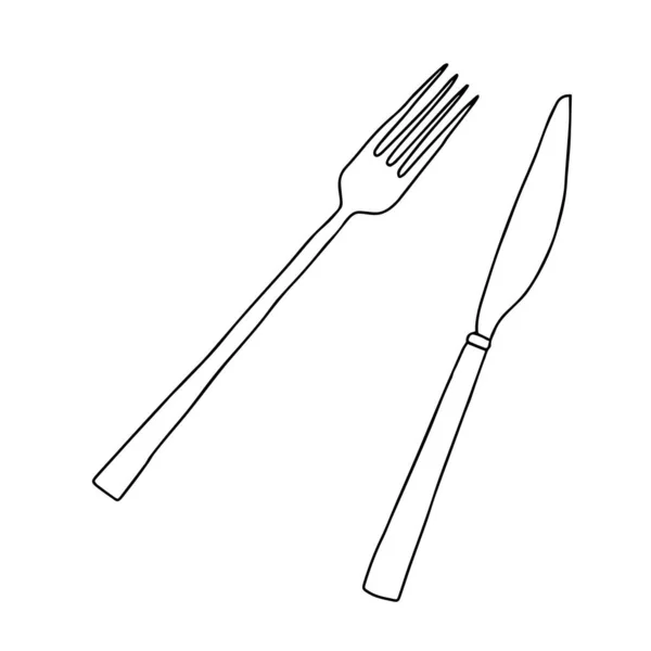白色背景上孤立的餐具集的黑色手绘平面图 — 图库矢量图片