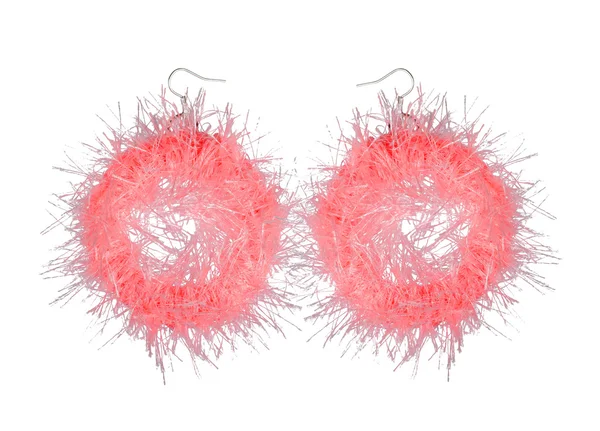 Pink fluffy earrings on a white background — Stock Photo, Image