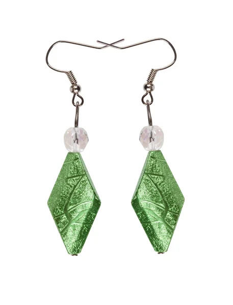 Earrings in silver diamond-shaped light green on a white backgro — Stock Photo, Image