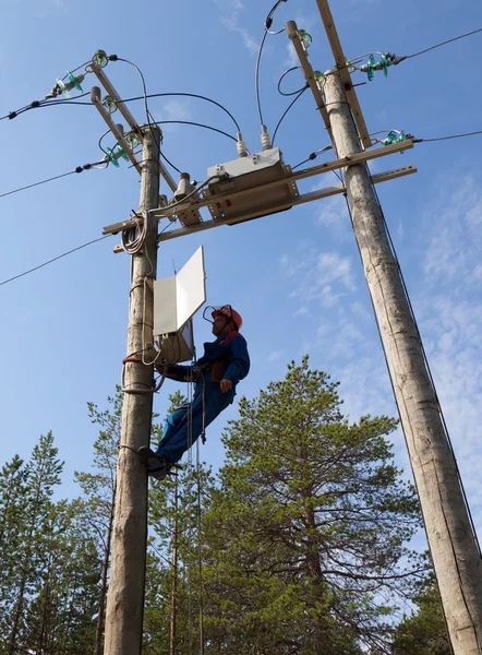 Elektricien om het besturingselement van reclosers op spanning palen — Stockfoto