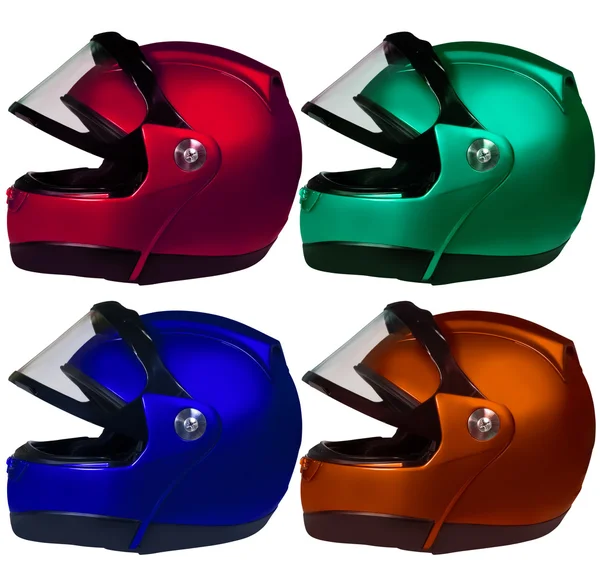 Motorcycle helmets on a white background. Collage — Stock Photo, Image