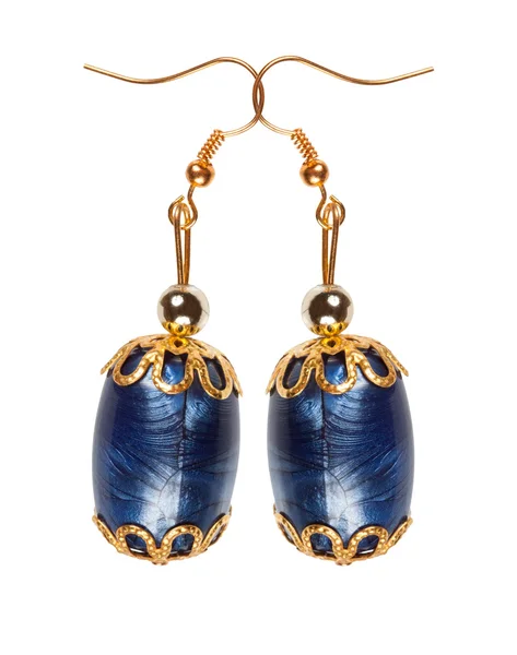 Blue plastic earrings with gold elements on a white background — Stock Photo, Image