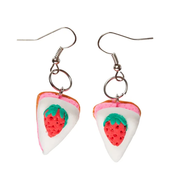 Earrings made of plastic in the form of the cake with strawberry — Stock Photo, Image