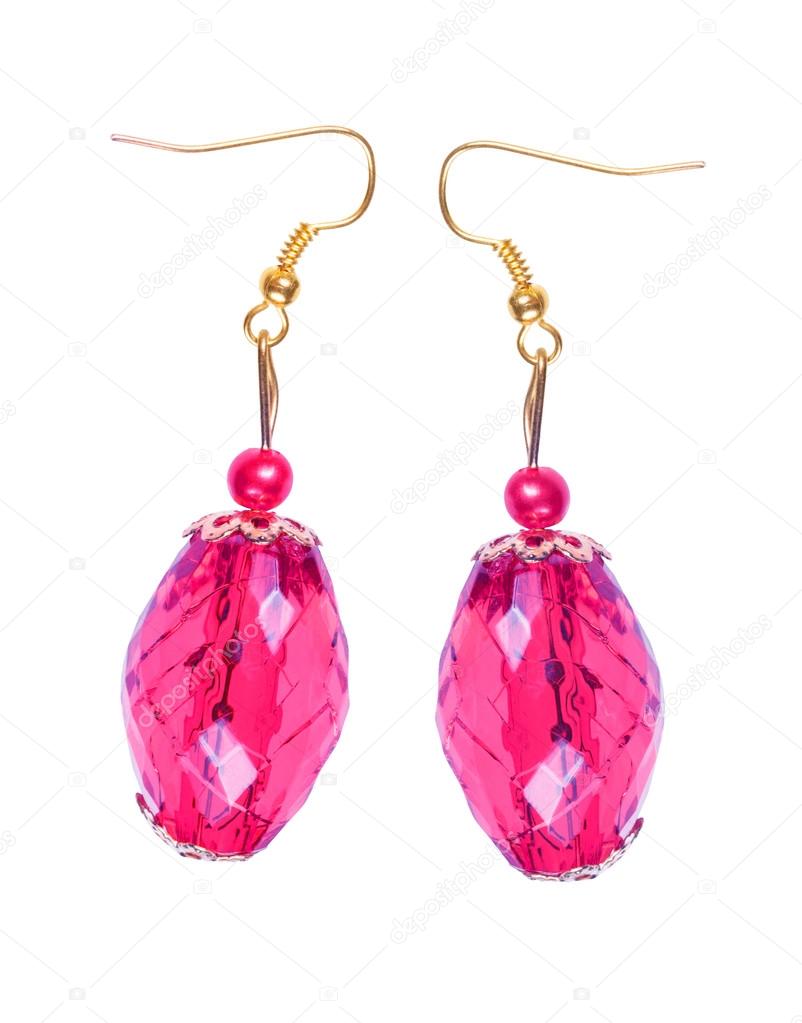 Earrings in light-cherry glass with gold elements. white backgro