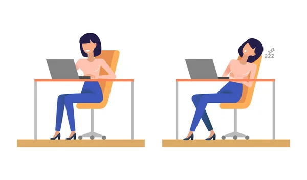 Heureuse Épuisée Employée Bureau Femme Assise Table Avec Ordinateur Portable — Image vectorielle