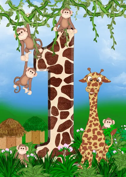 Giraff och apor — Stockfoto