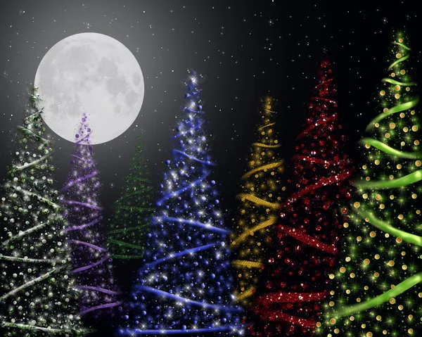 Alberi di Natale con luna piena — Foto Stock