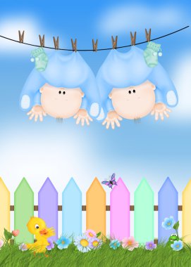 İkiz bebek erkek clothesline üzerinde