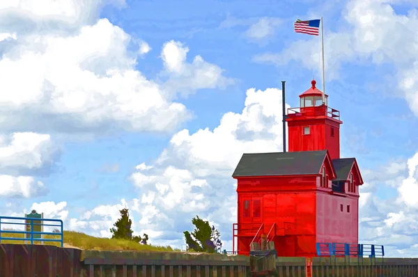 Червоний маяка в акварелі — стокове фото
