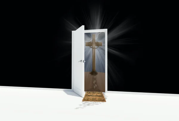 Open door to cross on a hill — Stock Photo, Image