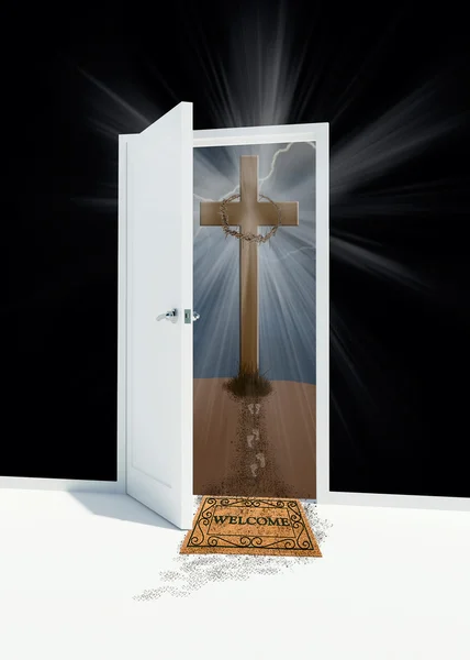 Easter cross with open door — Stock Photo, Image