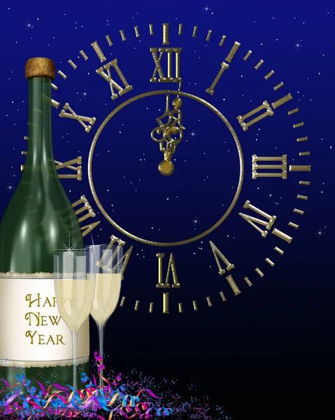 Capodanno champagne e orologio — Foto Stock