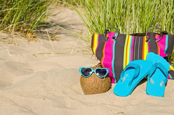 Kokos met zonnebril op strand — Stockfoto