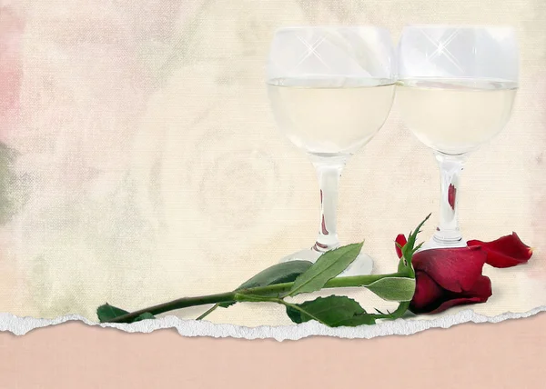 Rosa roja con copas de vino —  Fotos de Stock