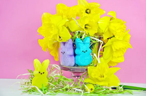 Easter bunny candy with daffodils — Stock Photo, Image