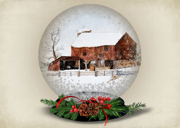 圣诞雪景球与谷仓 — 图库照片