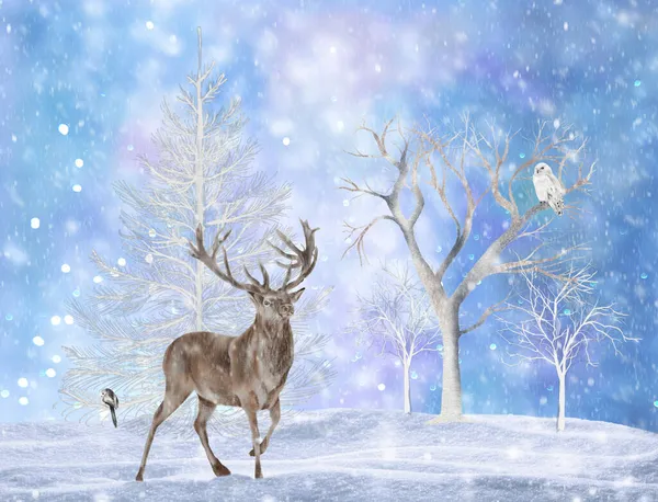 Grote Herten Winter Bos Met Witte Besneeuwde Uil Sneeuwvlokken — Stockfoto