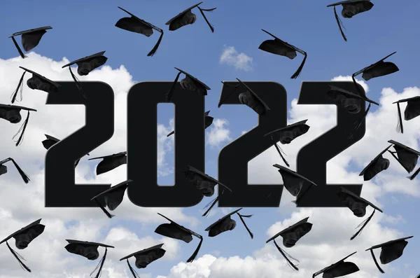 Black Graduation Hats Airborne Sky 2022 Text — стоковое фото