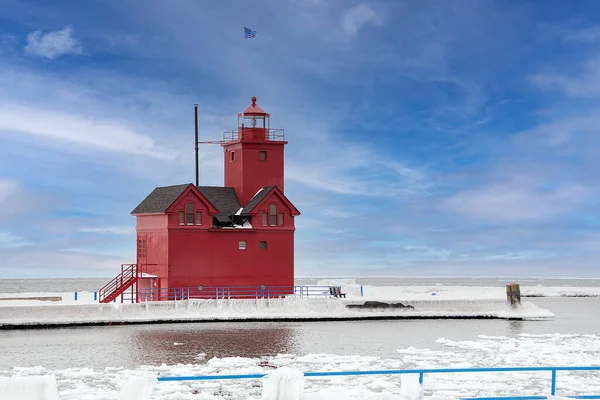Famoso Grande Faro Rosso Olanda Michigan Inverno — Foto Stock