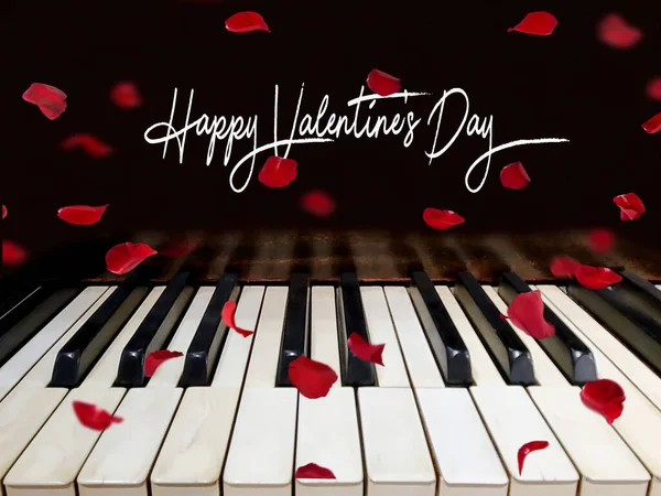 Czerwone Płatki Róż Pływające Klawiszach Fortepianu Happy Valentines Day Tekst — Zdjęcie stockowe