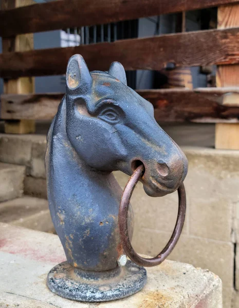 Primer Plano Caballo Hierro Fundido Antiguo Con Poste Enganche Anillo —  Fotos de Stock