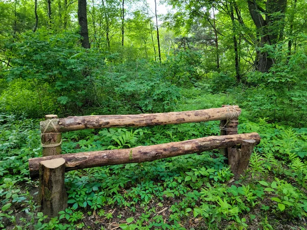 Banco Log Rústico Vago Uma Floresta Verde — Fotografia de Stock