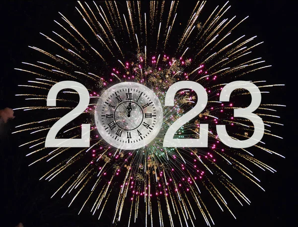 New Year 2023 Moon Midnight Clock Fireworks Black — Stock Photo, Image