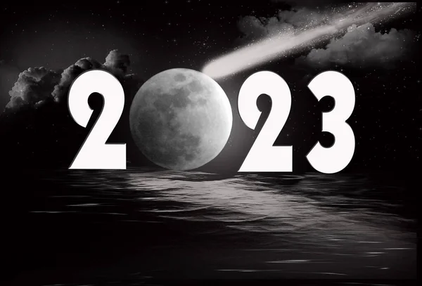 Ano Novo 2023 Lua Cheia Cometa Com Reflexão Água Preta — Fotografia de Stock