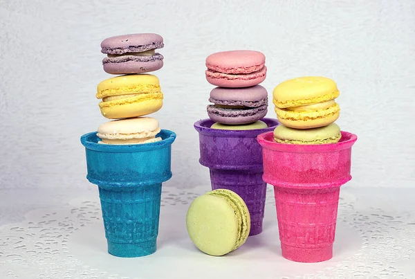 French Macaroons Stacked Colorful Ice Cream Cups — Stok fotoğraf