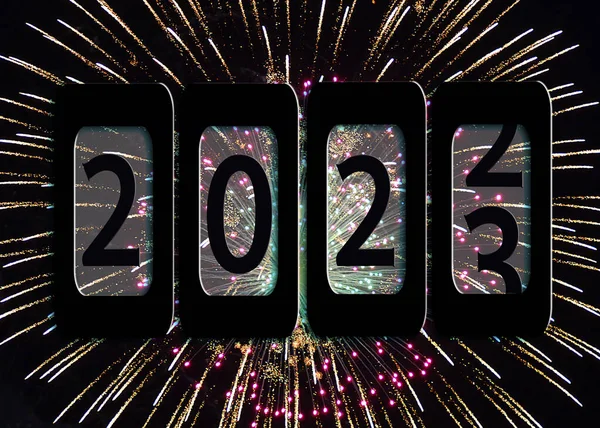 New Year 2023 Odometer Sign Fireworks — Stock Photo, Image