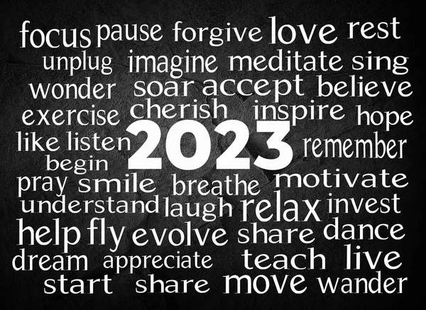 Año Nuevo 2023 Nube Palabras Sobre Fondo Negro —  Fotos de Stock