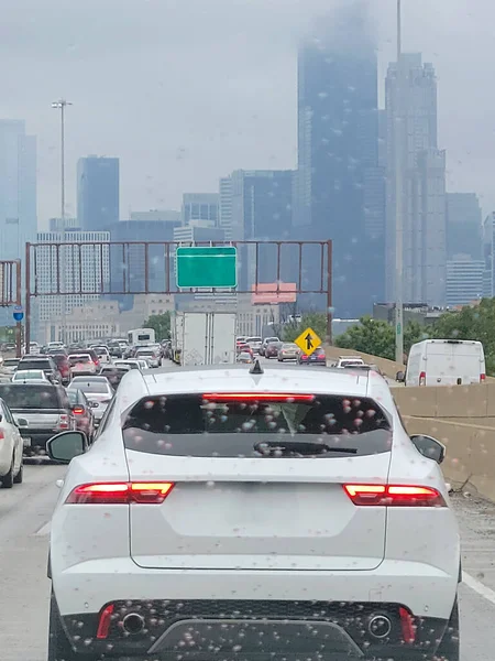 View Congested Chicago City Traffic Windshield Raindrops — стокове фото