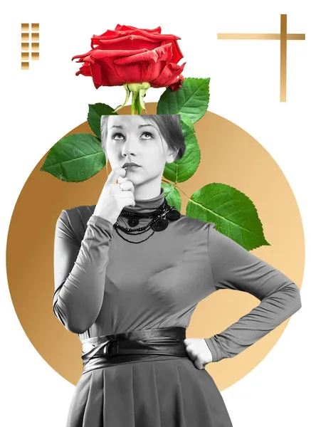当代艺术拼贴 女孩抬起头 一束玫瑰从她的头上长了出来 背后有抽象的渐变图形 — 图库照片