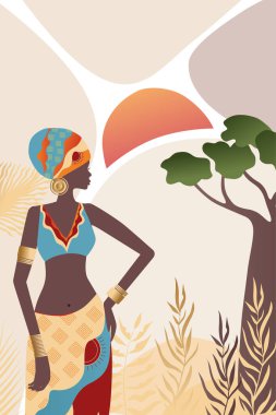 Vektör, poster, geleneksel elbiseli lüks Afrikalı kadın. Çağdaş sanat koleksiyonu. 